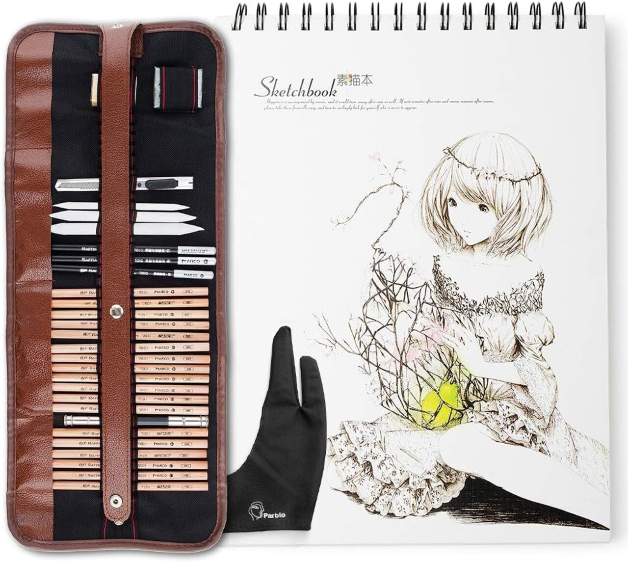 Arrtx 31 Pieces Professional Art Supplies Kit with Graphite Pencils,  Charcoal Pencils, 50 Pages Sketchbook, Paper Erasable Pen, Craft Knife,  Canvas